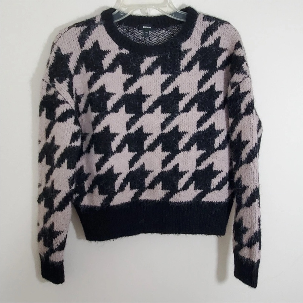 Express Black and Pink Crew Neck Sweater with Houndstooth Pattern